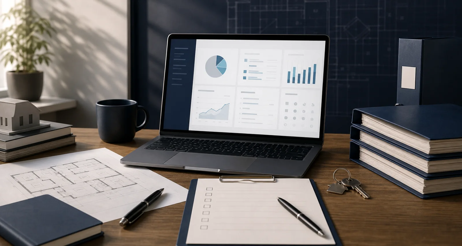 Recovery housing operator workspace with a software dashboard, floor plan, checklist, compliance binders, and house keys