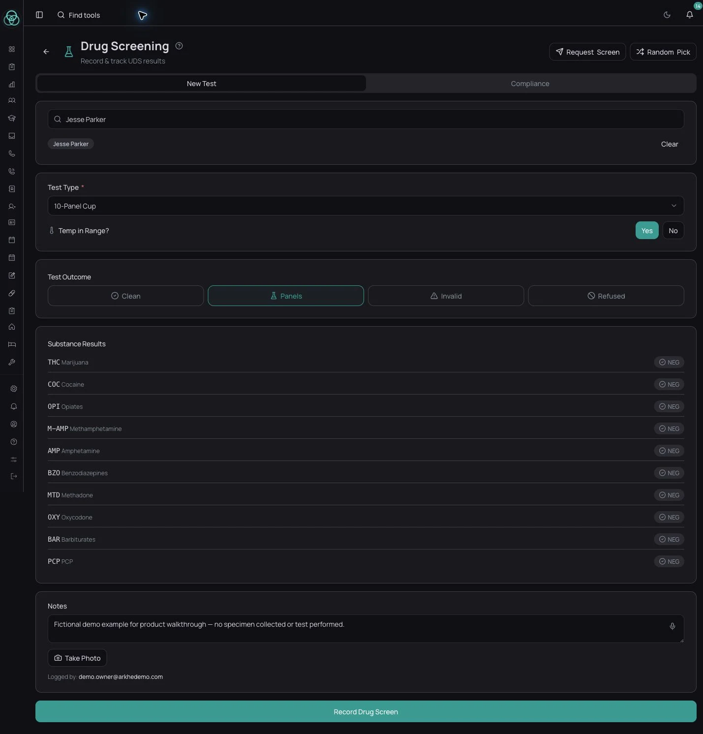 ARKHE drug-screen entry form with a fictional, unsubmitted demo example showing panel selection, temperature, substance fields, notes, and photo attachment