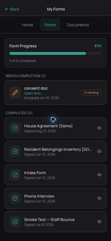 ARKHE demo My Forms page showing completion progress and signed forms