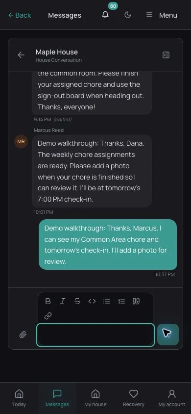 Resident Jesse reading the house conversation and replying from the mobile view