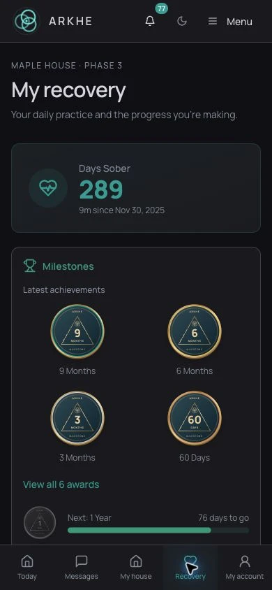 ARKHE demo resident Recovery view showing sober days and milestone coins