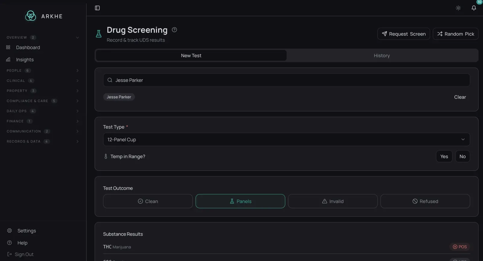 ARKHE drug screening panel with substance results and temperature check