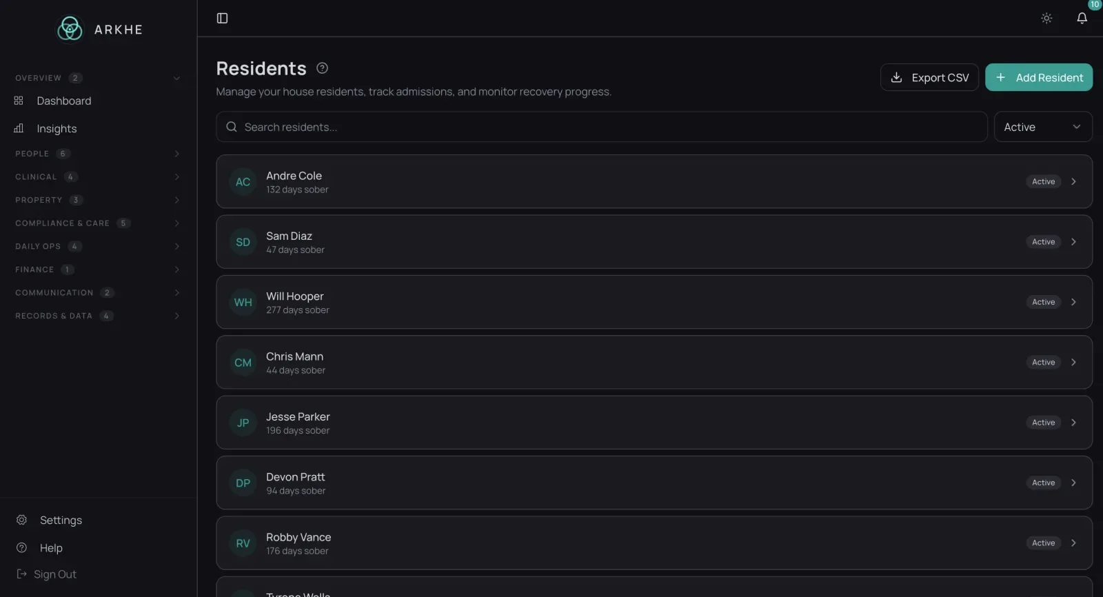 ARKHE residents directory with status, payer, and house assignment