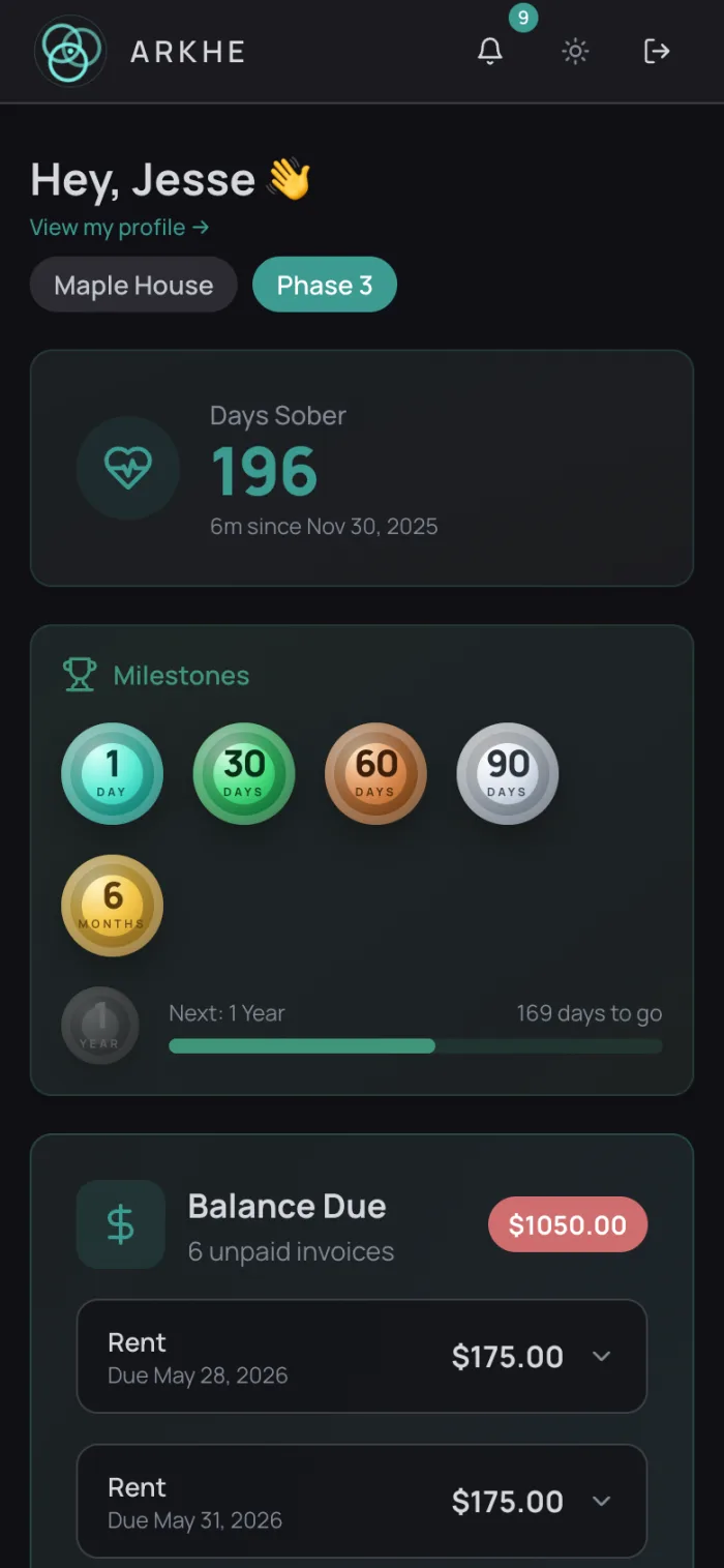 ARKHE resident app showing phase, sober days, and balance