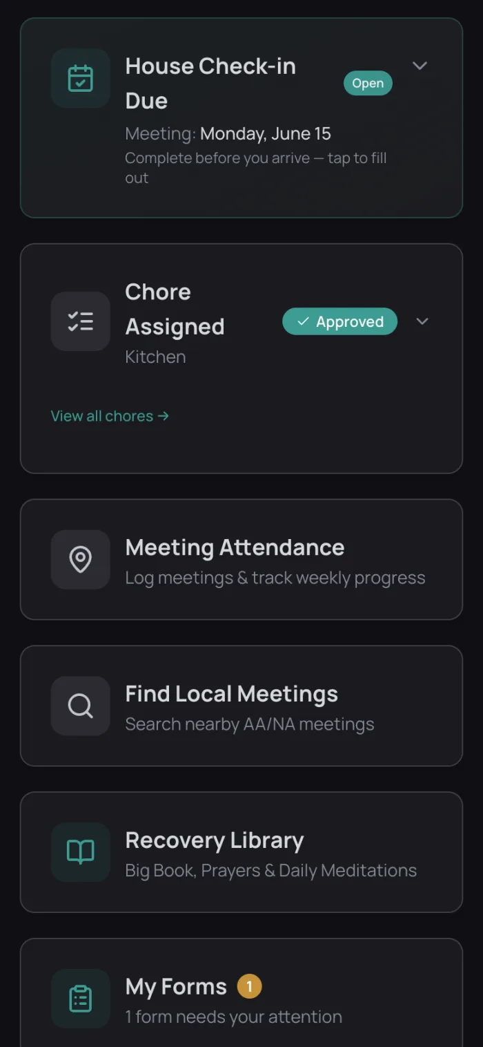 Resident app on phone — house check-in, assigned chores, and meeting tracking
